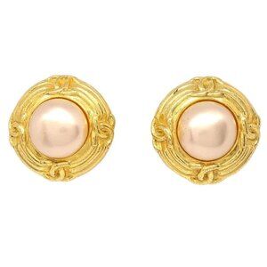 Chanel Button Clip-On Earrings Gold Artificial Pearl 93P 126455